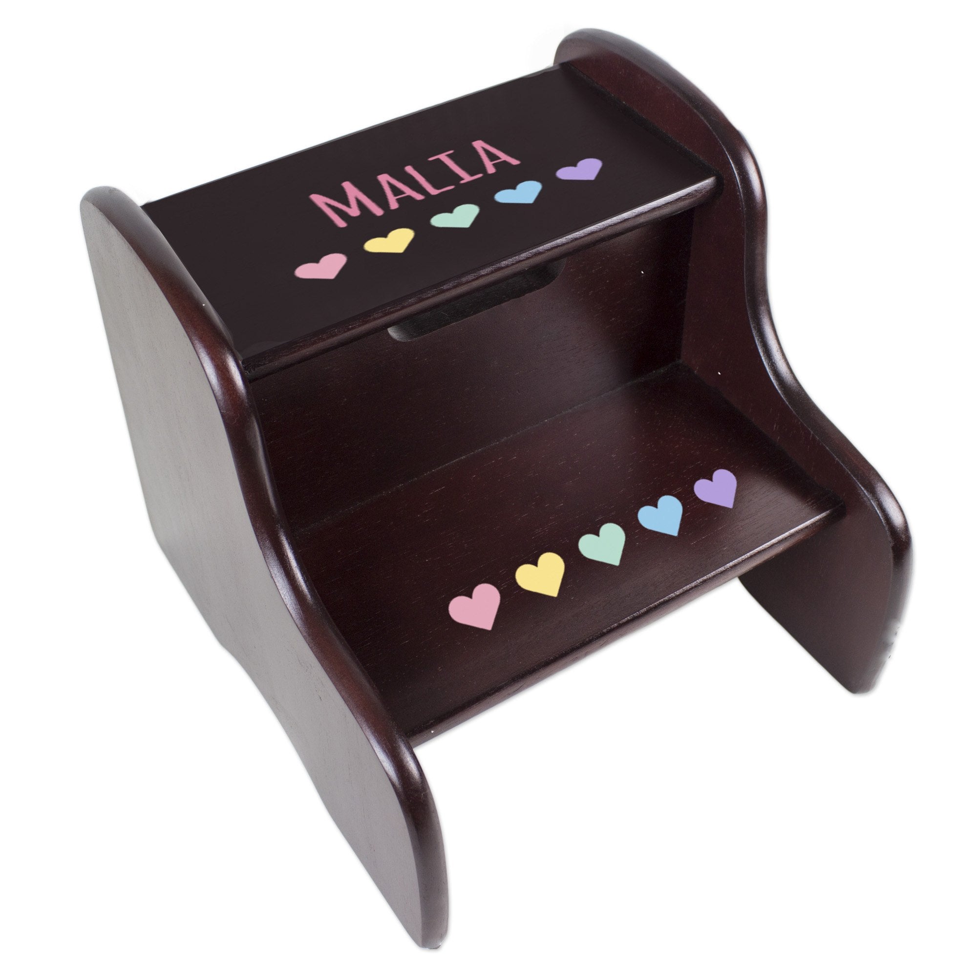 personalized espresso two step stool with hearts