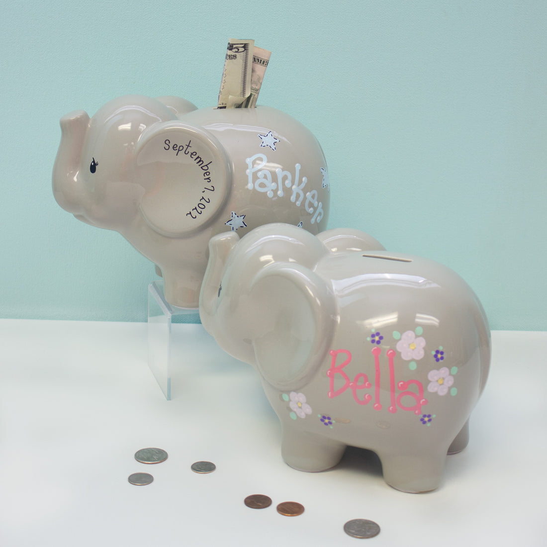 Girl's Gray Personalized Elephant Bank - MyBambino.com