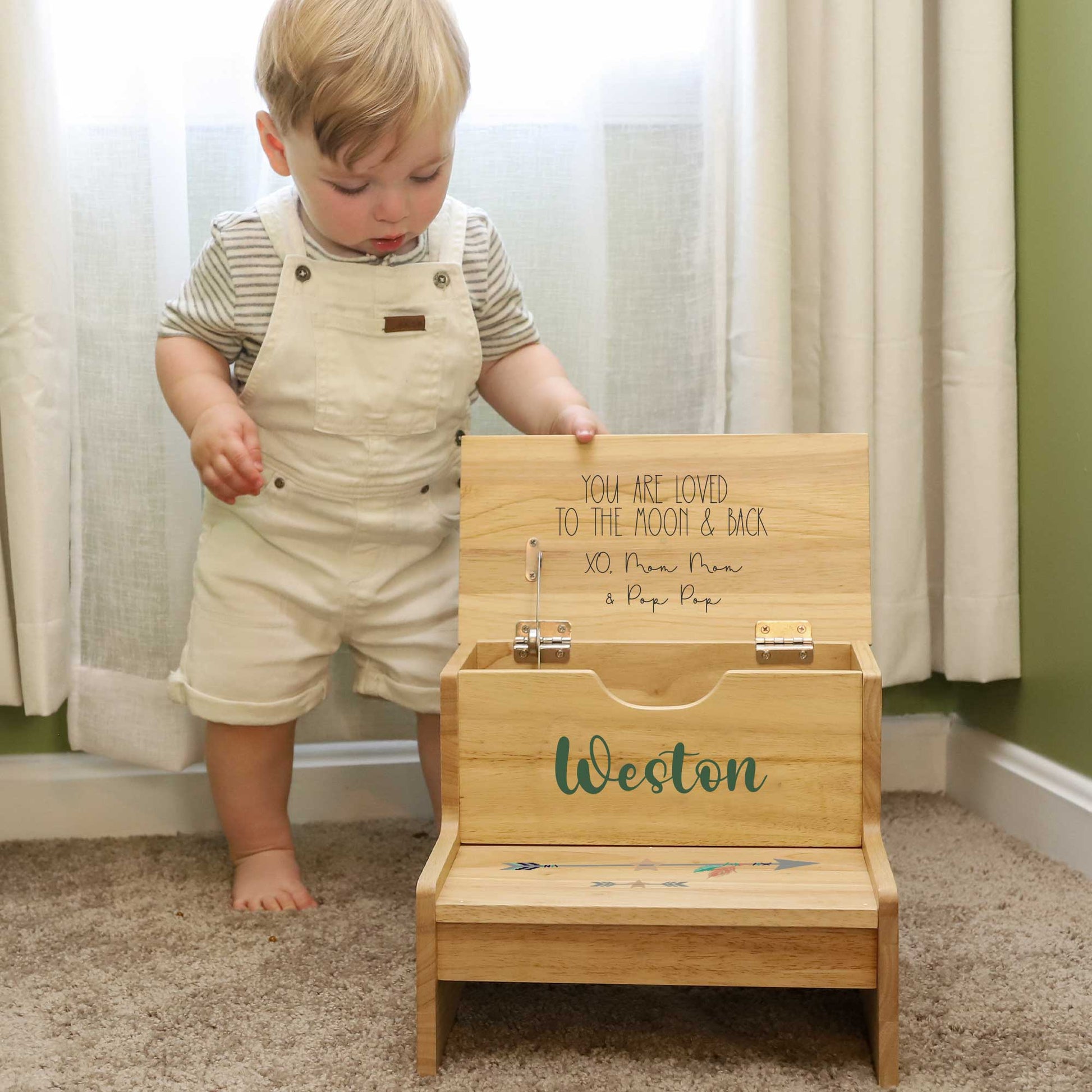 Natural Wood Storage Stool - Monogram Vine - MyBambino.com