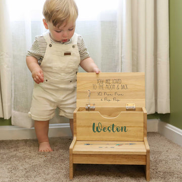 Natural Wood Storage Stool - Monogram Vine - MyBambino.com