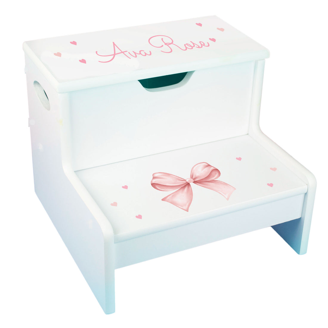 Personalized White Storage Step Stool with Pink Bow - MyBambino.com