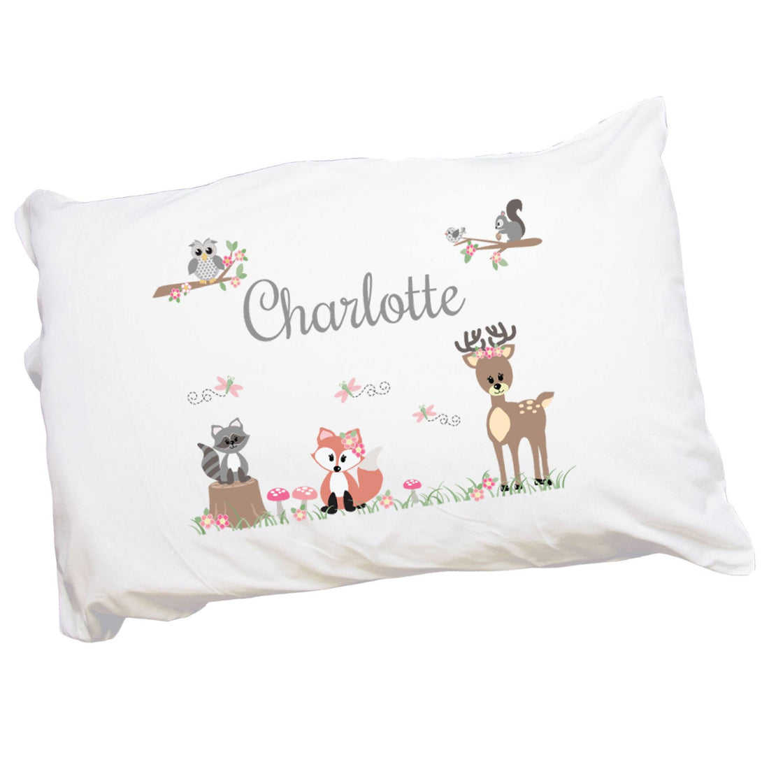 Personalized Childrens Pillowcase with Gray Woodland Critters design