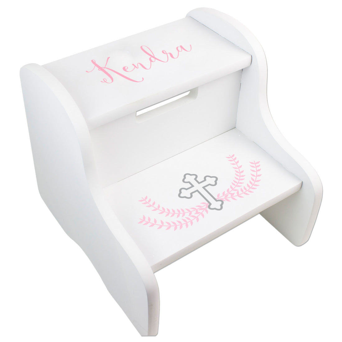 Personalized White Two Step Stool - Pink Cross - MyBambino.com