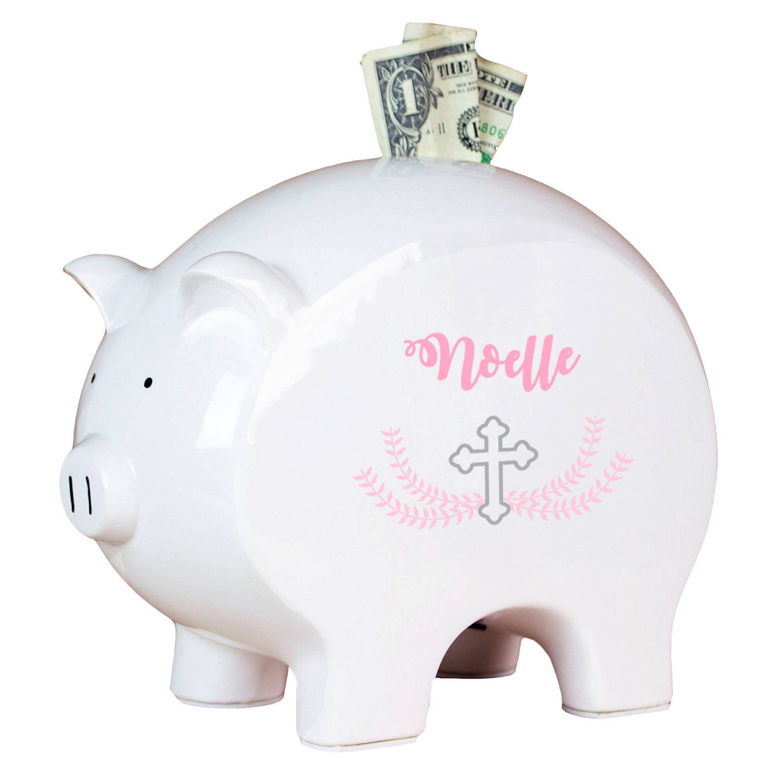 Personalized White Piggy Bank - Pink Cross - MyBambino.com