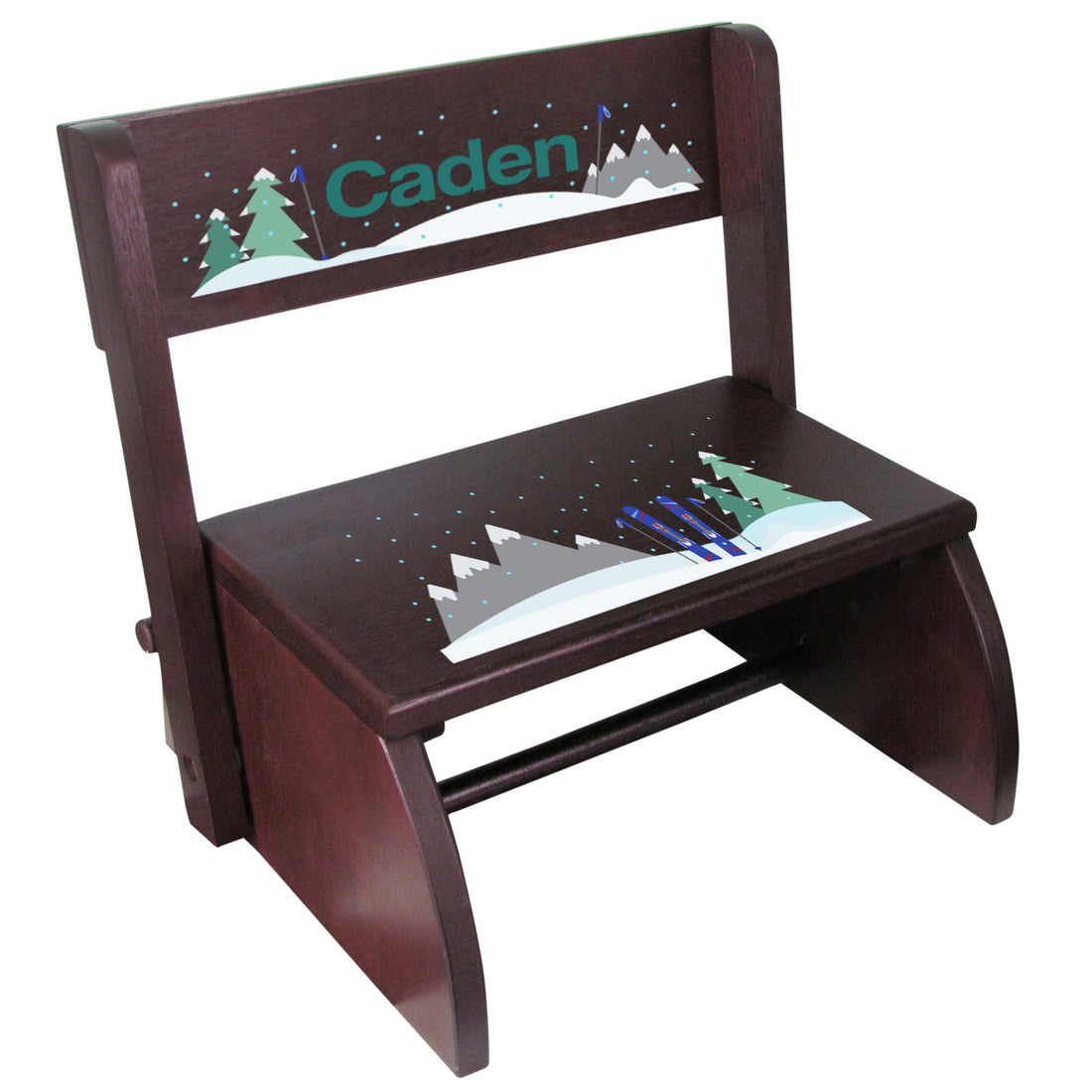 Personalized Child's Mountain Ski Espresso Flip Stool - MyBambino.com