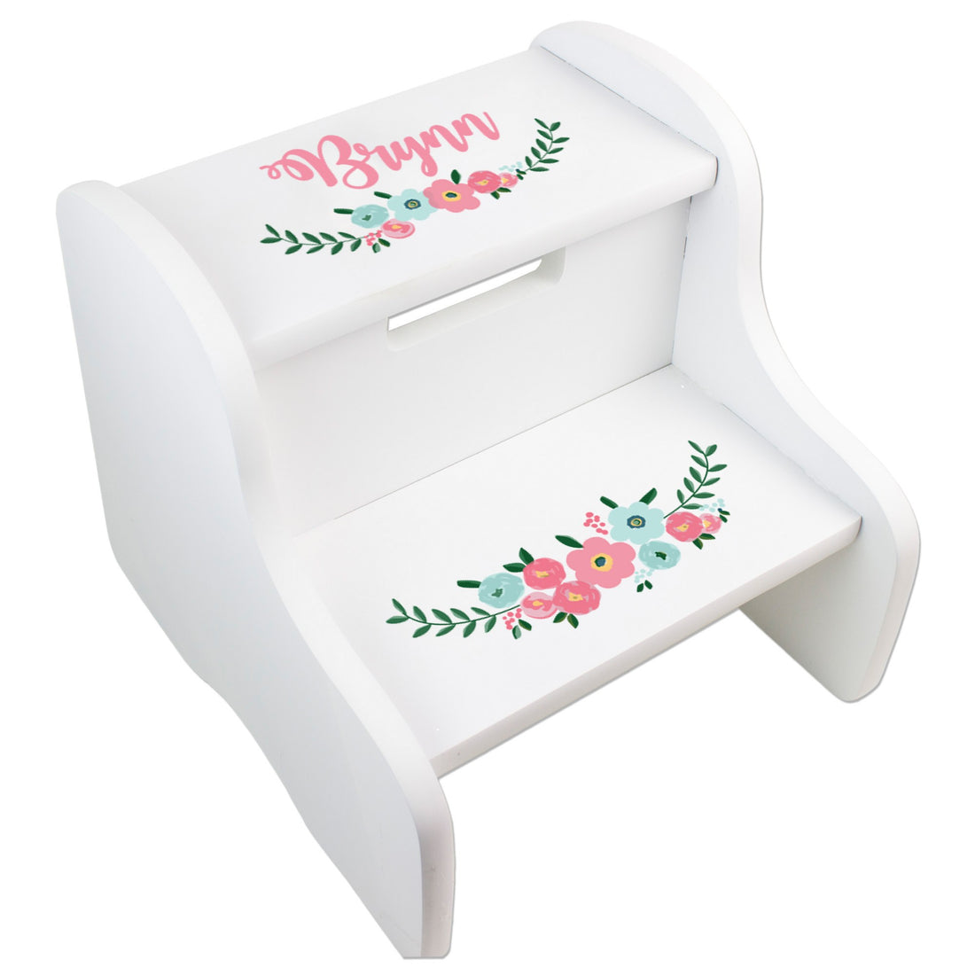 Personalized White Two Step Stool - Teal Spring Floral - MyBambino.com