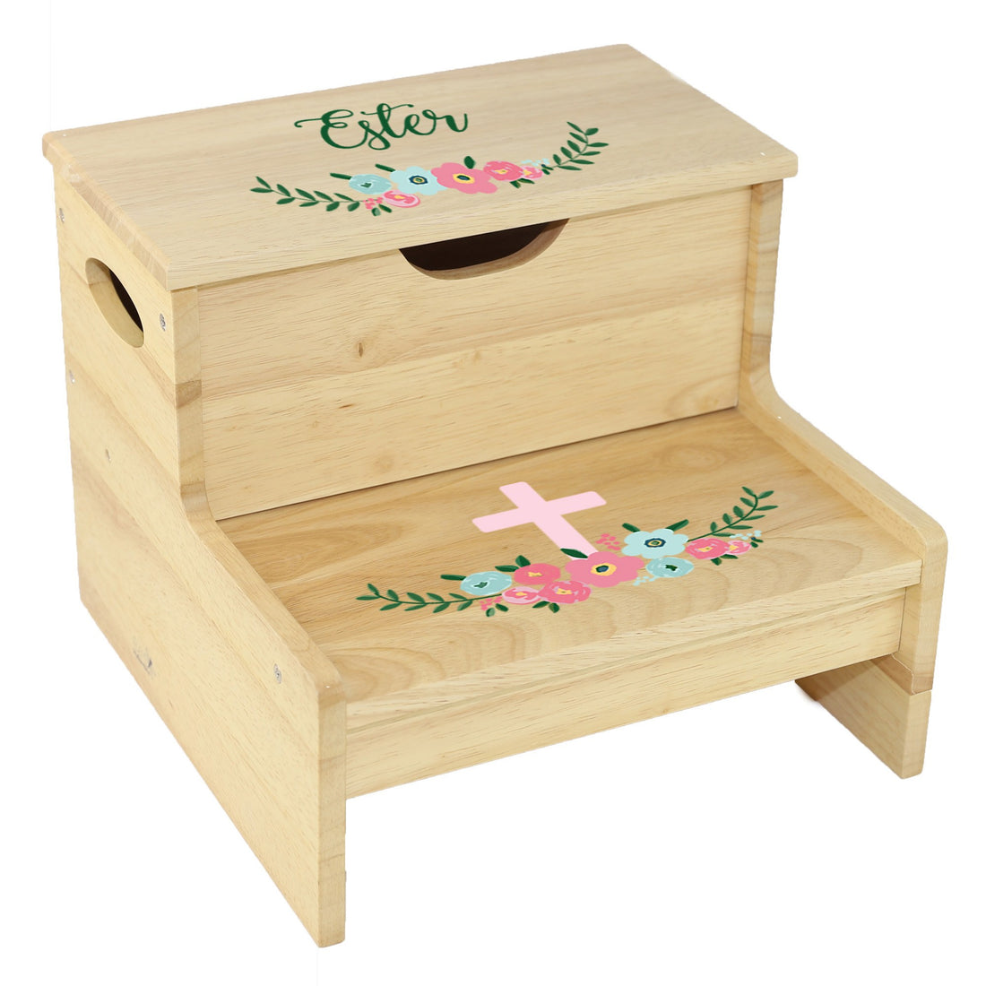 Natural Storage Step Stool Spring Floral with Cross Prayer - MyBambino.com