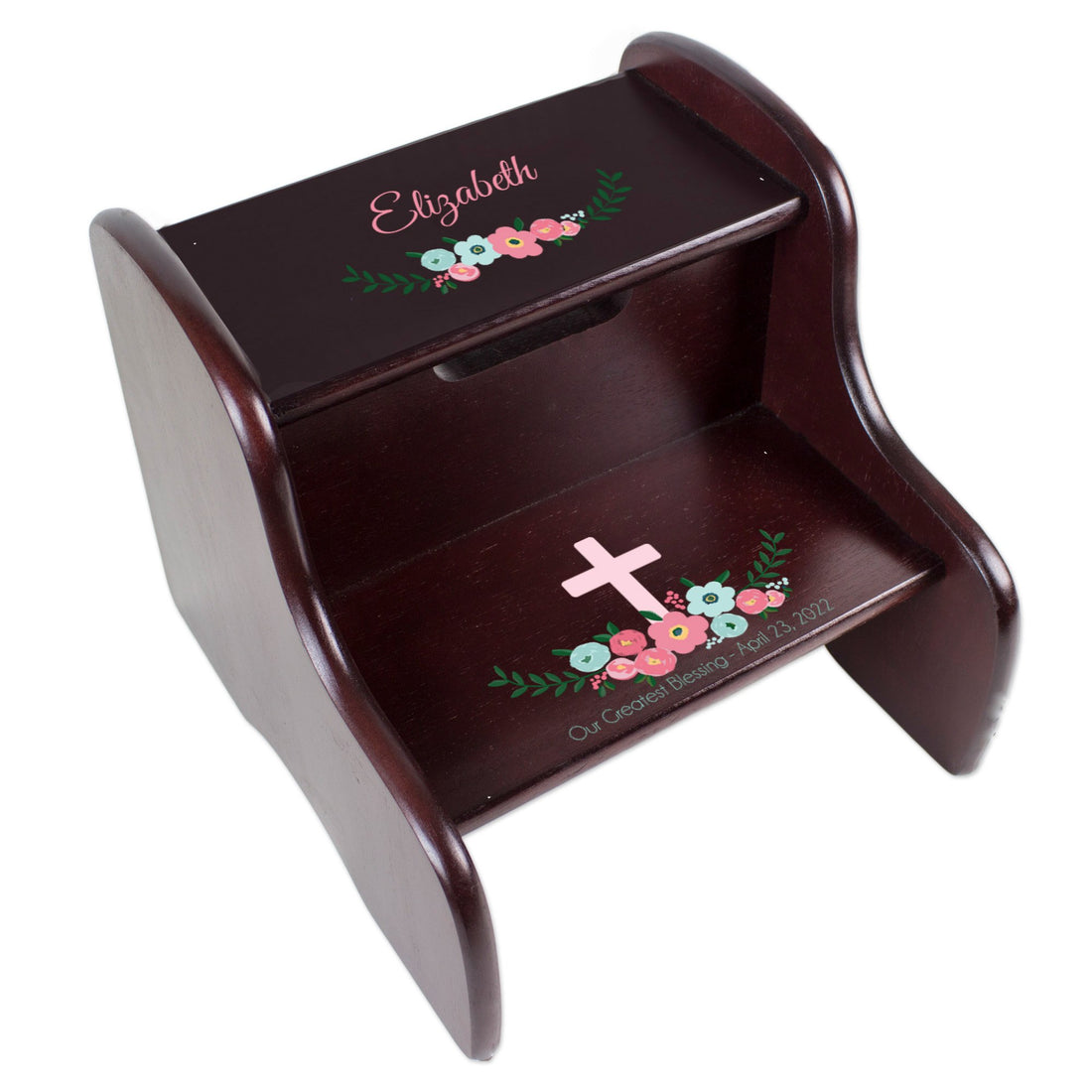Personalized Espresso Two Step Stool - Spring Floral with Cross - MyBambino.com