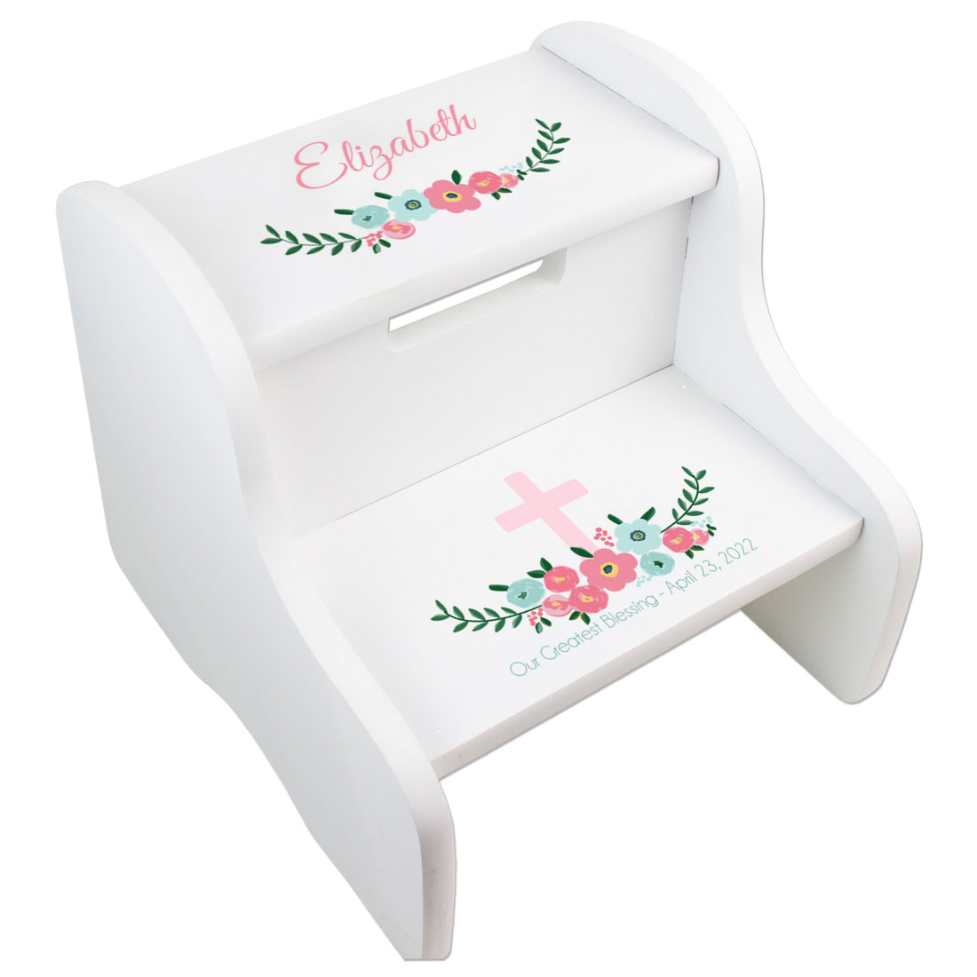 Personalized White Two Step Stool - Spring Floral with Cross - MyBambino.com