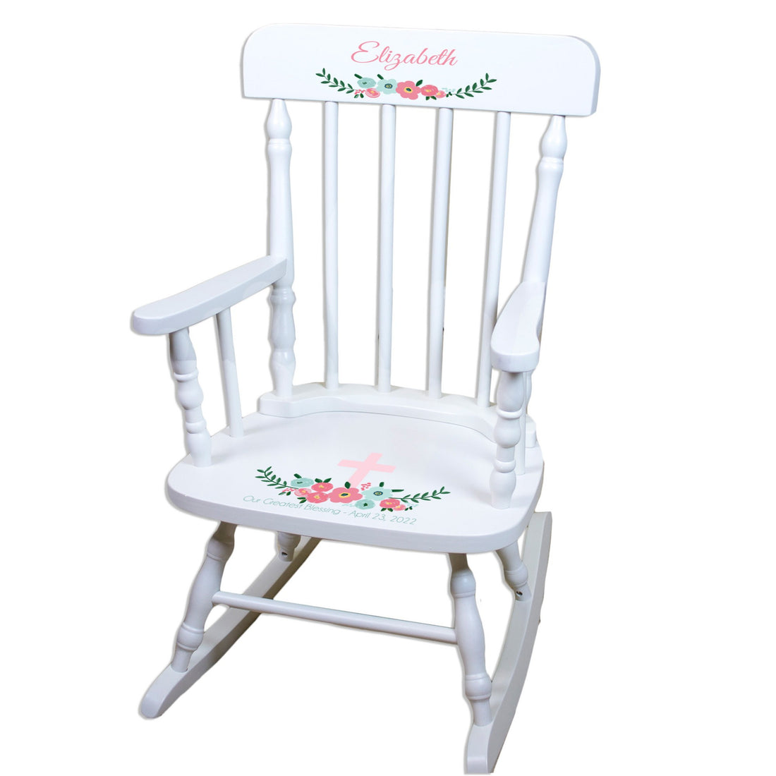 White Spindle Rocking Chair - Spring Floral with Cross - MyBambino.com