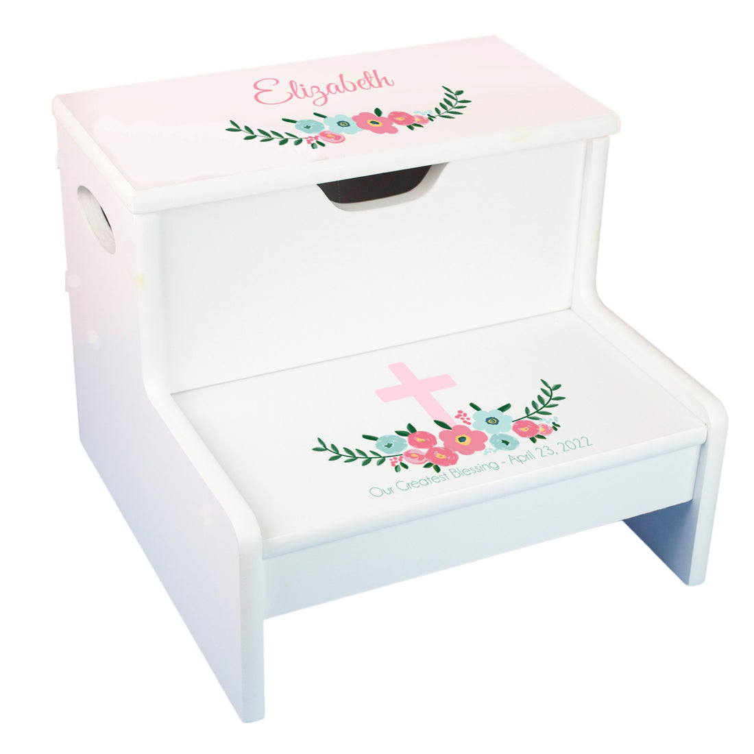 White Storage Step Stool - Spring Floral with Cross - MyBambino.com
