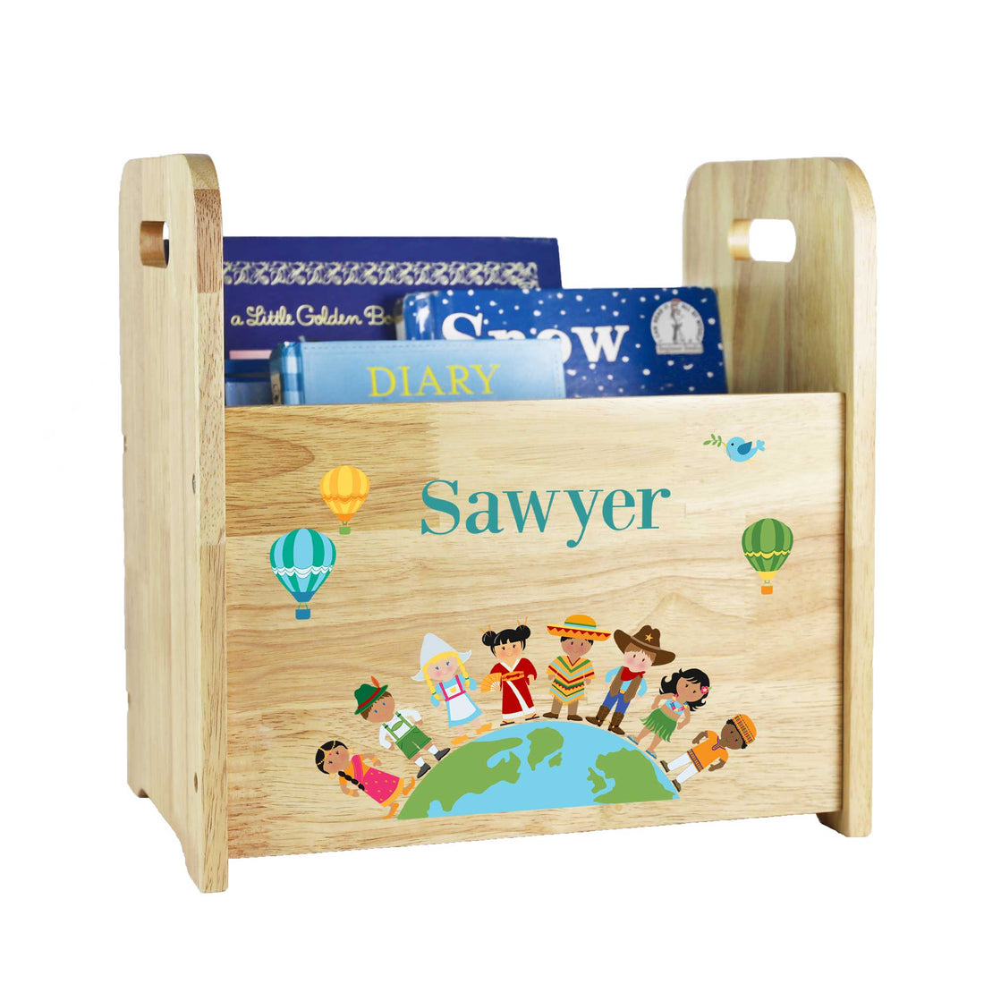 Personalized Small World Natural Wood Book Caddy - MyBambino.com