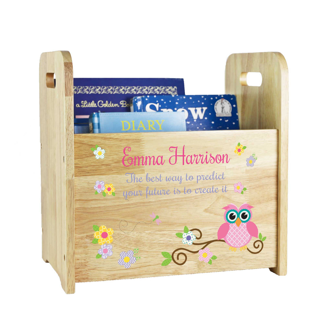 Personalized Calico Owl Book Caddy - Natural Wood - MyBambino.com