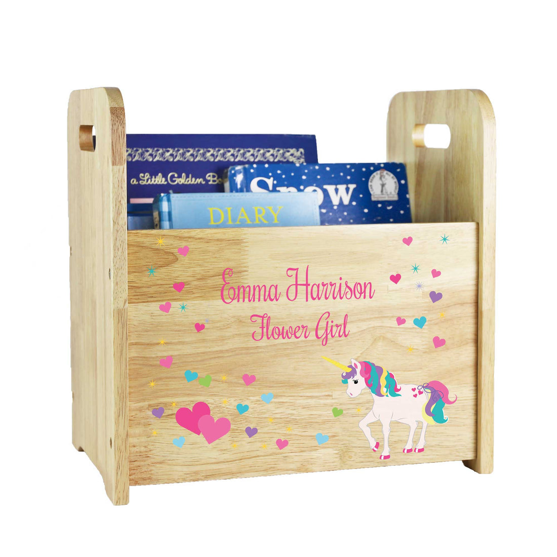 Personalized Unicorn and Rainbow Book Caddy - natural wood - MyBambino.com