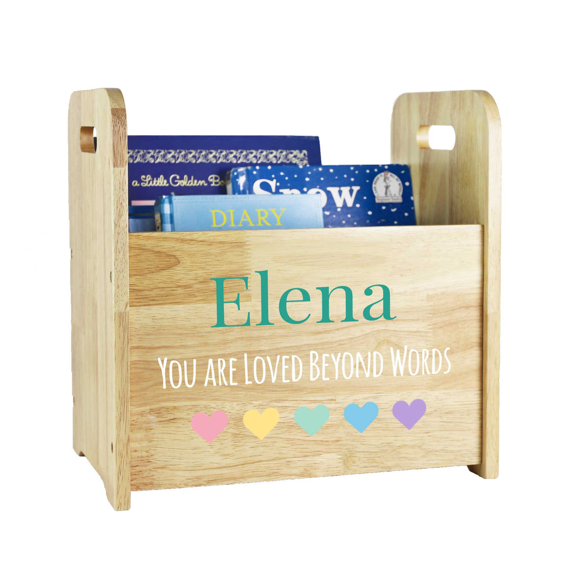 Personalized Wood Book Caddy - multiheart design - MyBambino.com