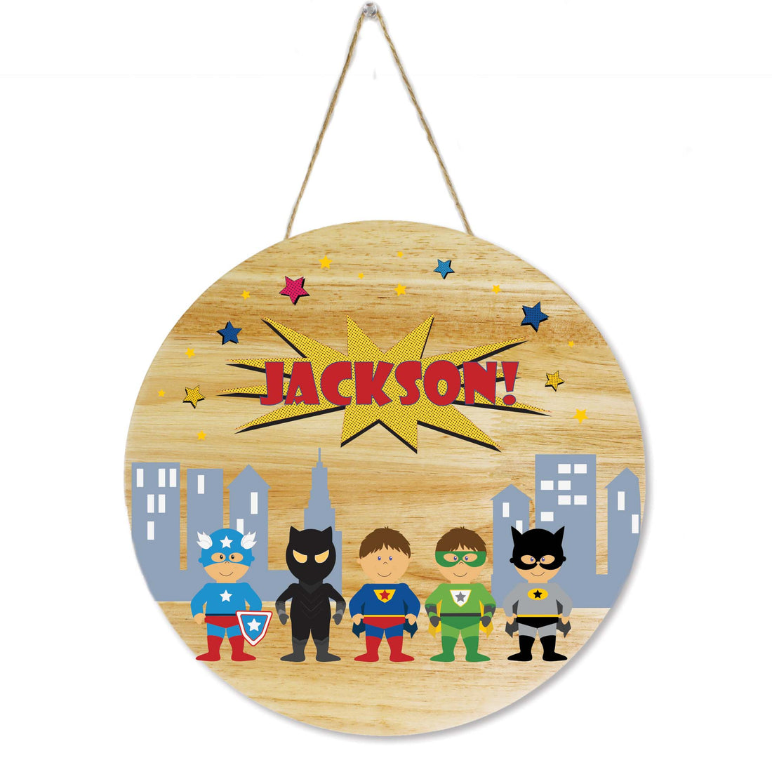 Natural Wood Circle Sign - Superhero Boy - MyBambino.com