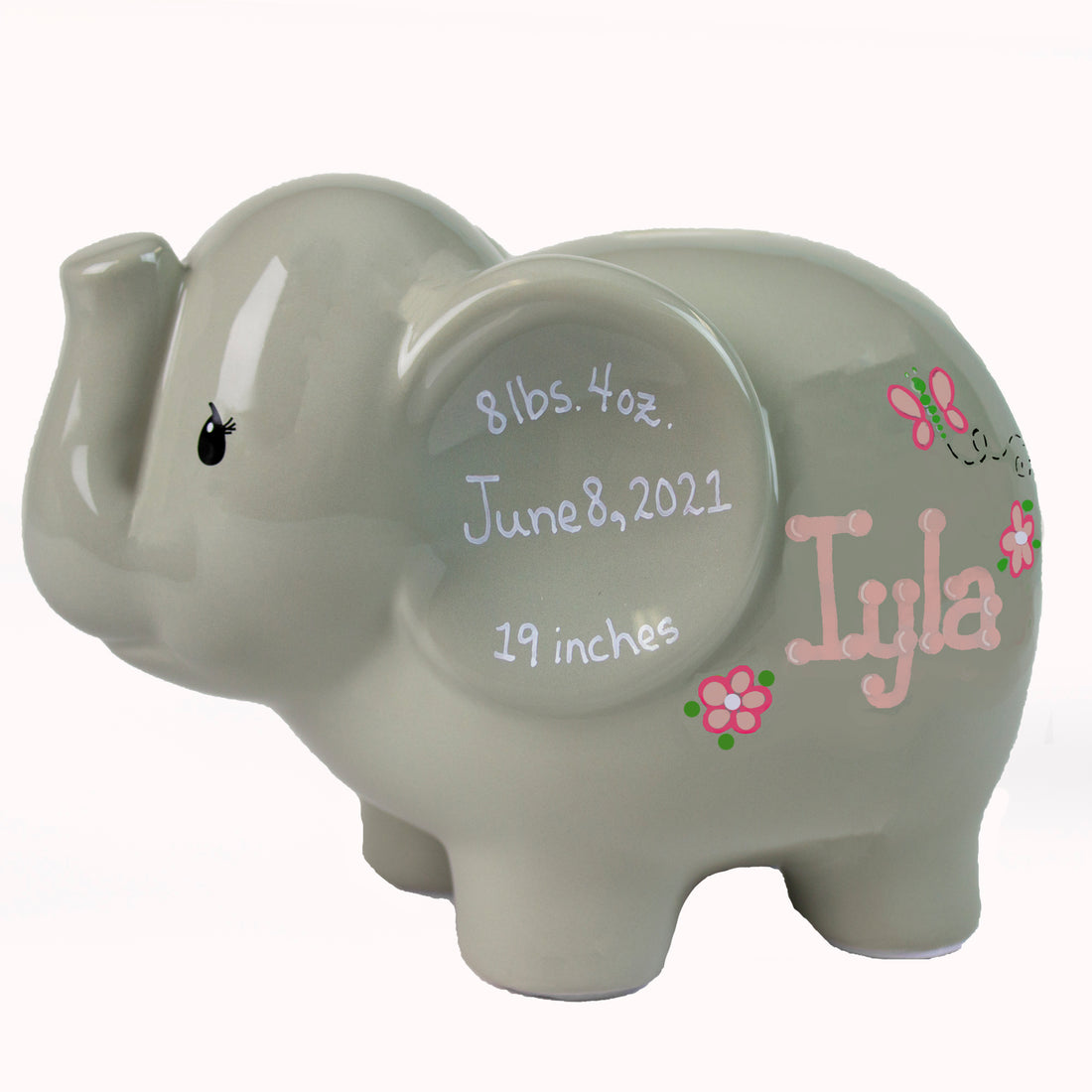 Girl's Gray Personalized Elephant Bank - MyBambino.com