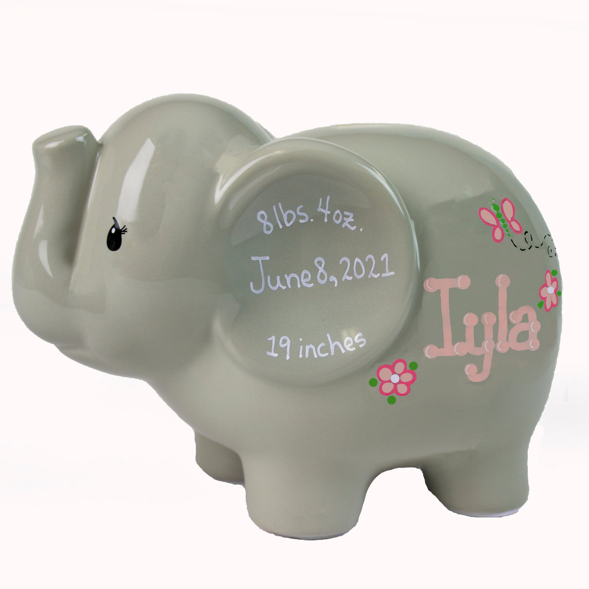 Girl's Gray Personalized Elephant Bank - MyBambino.com