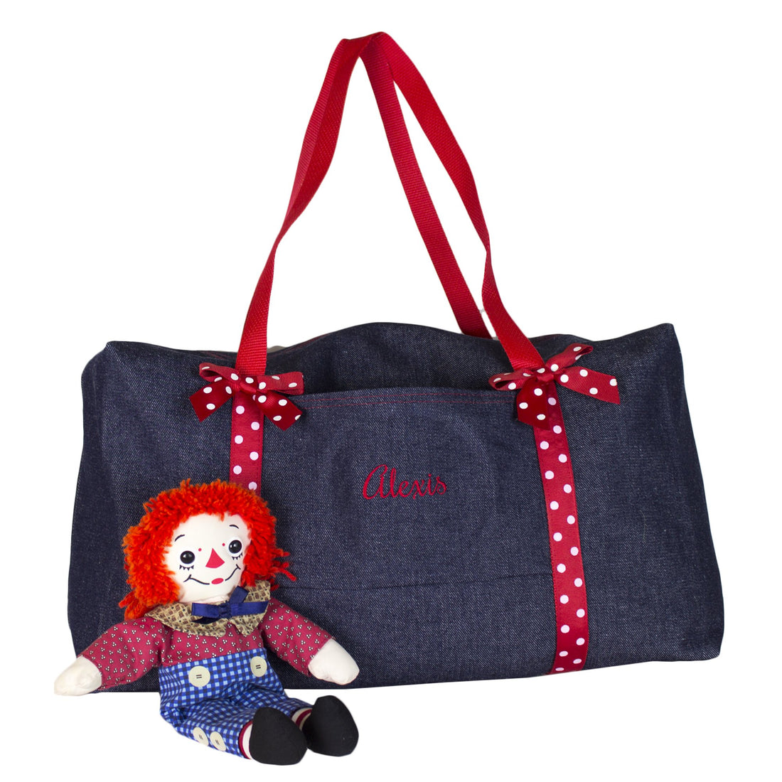 Embroidered Red Polka Dot Denim Duffle - MyBambino.com