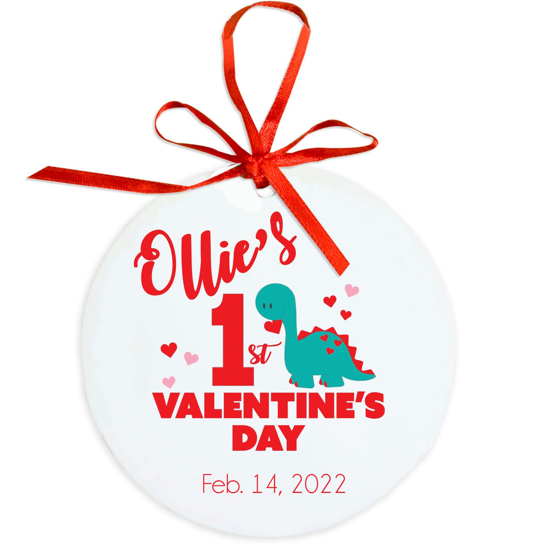 Personalized Round Ornament - 1st Valentine's Day Dinosaur - MyBambino.com
