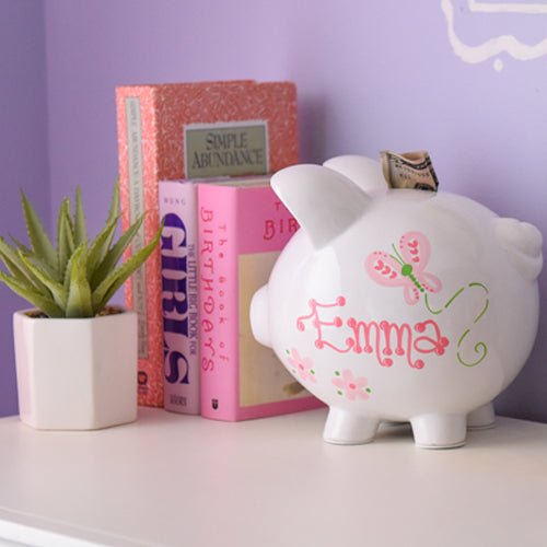 Hand Painted Pink Butterflies Piggy Bank - MyBambino.com