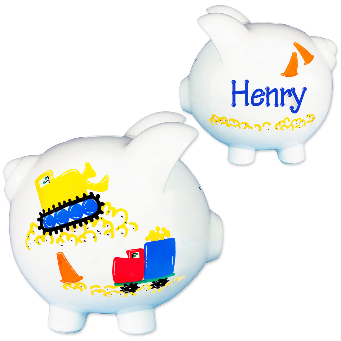 Hand Painted Personalized Piggy Bank - Construction Trucks - MyBambino.com