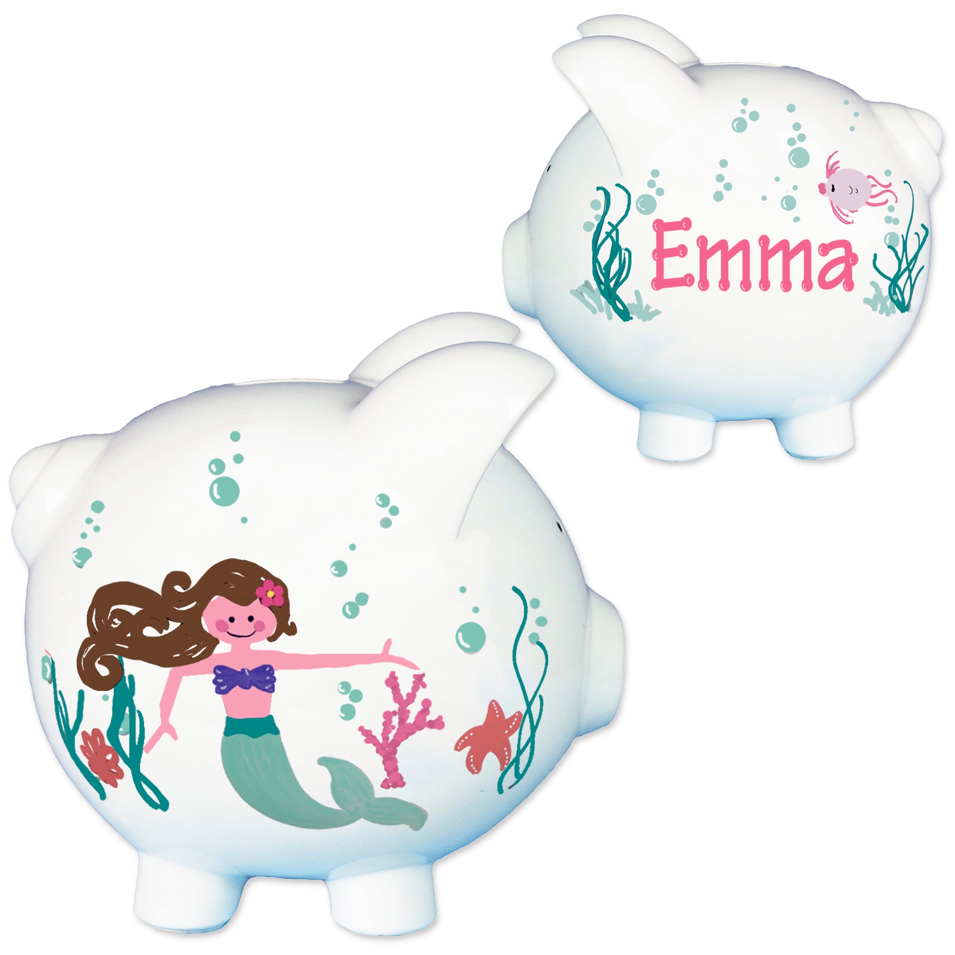 Hand Painted Brunette Mermaid Piggy Bank - MyBambino.com