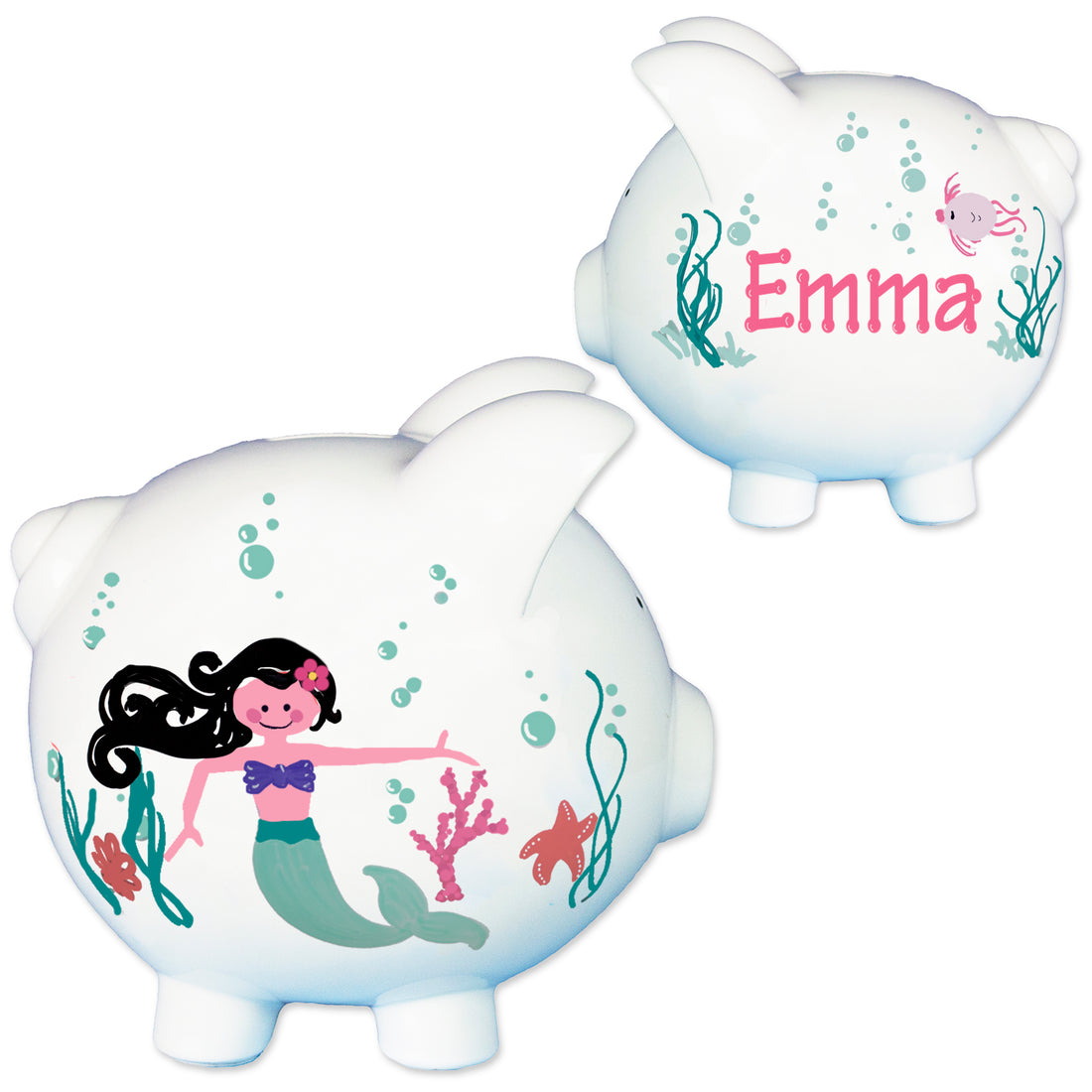 Hand Painted Mermaid Piggy Bank - Black Hair - MyBambino.com