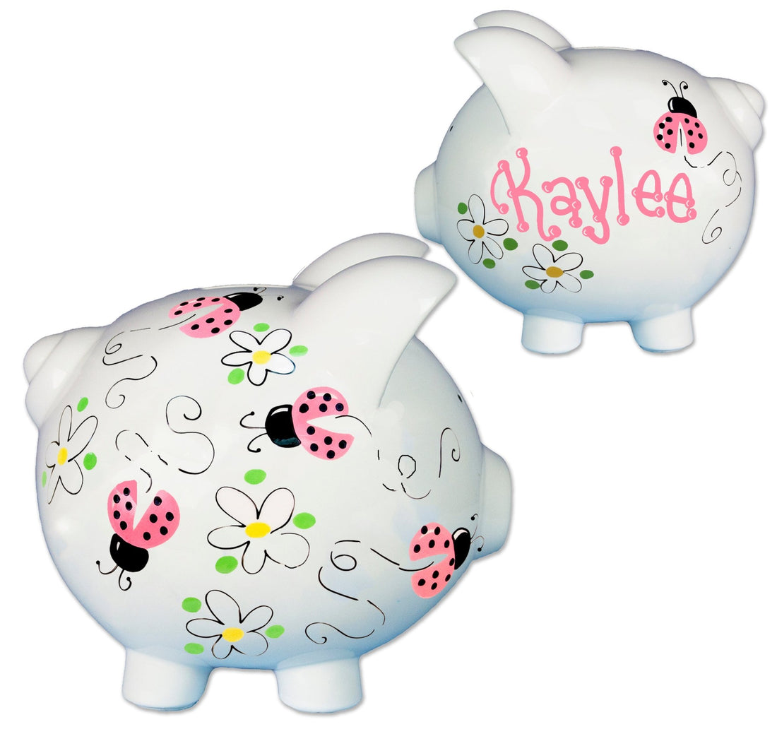 Hand Painted Piggy Bank - Pink Ladybugs - MyBambino.com