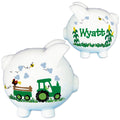 Hand Painted Piggy Bank - Green Tractor - MyBambino.com