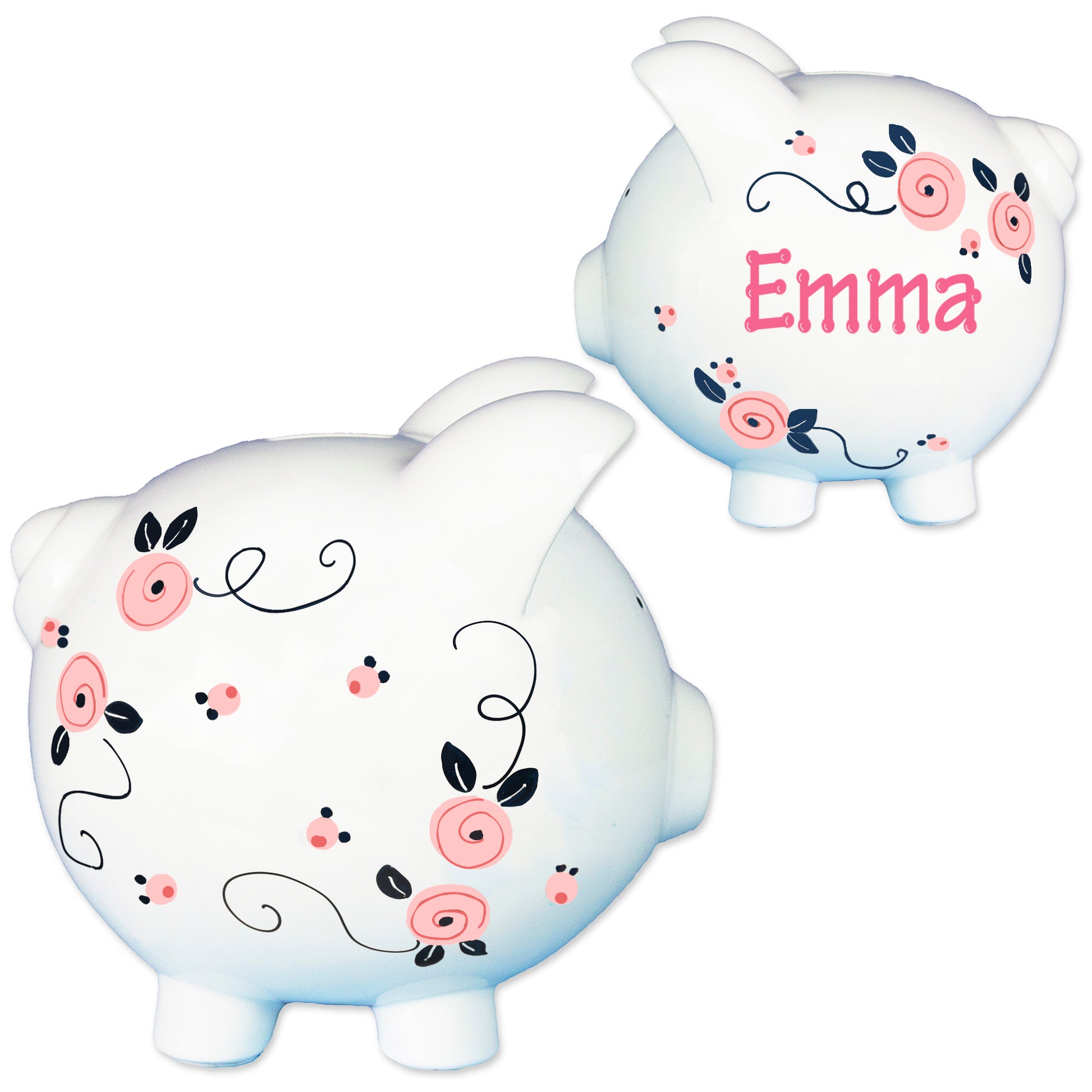Hand Painted Pink Navy Rosie Posie Piggy Bank - MyBambino.com