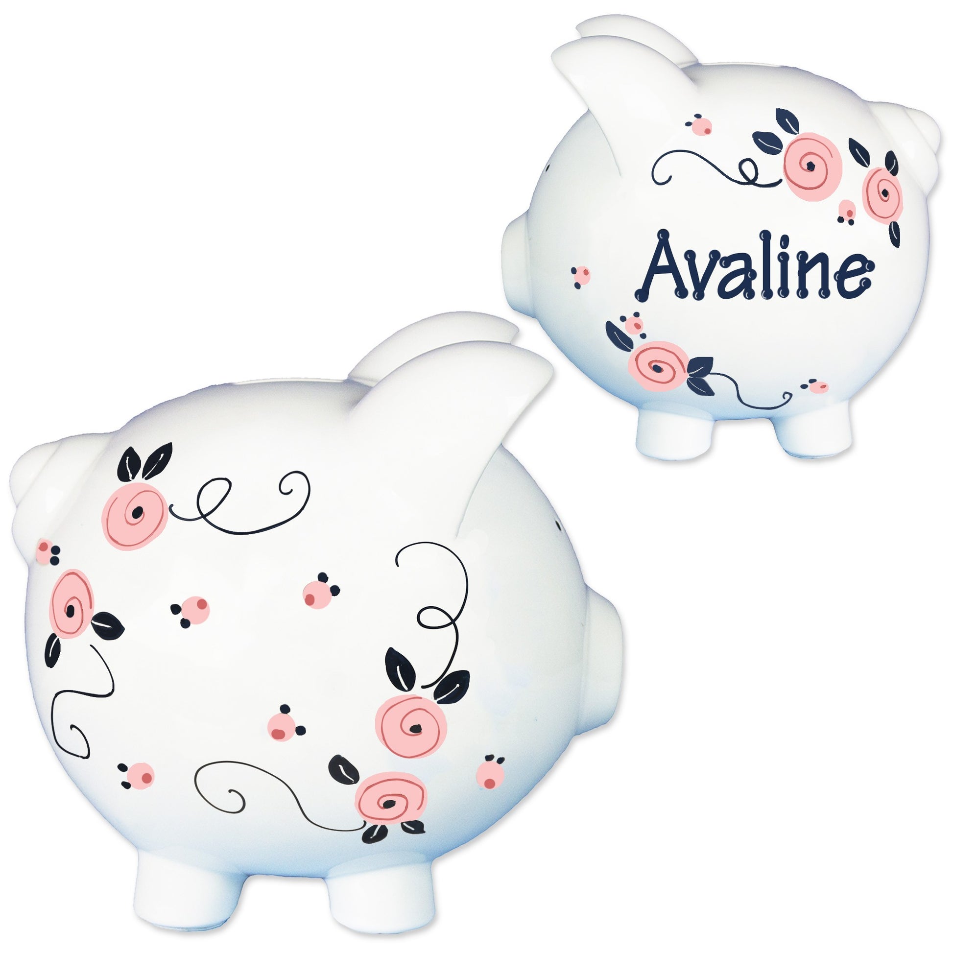 Hand Painted Pink Navy Rosie Posie Piggy Bank - MyBambino.com