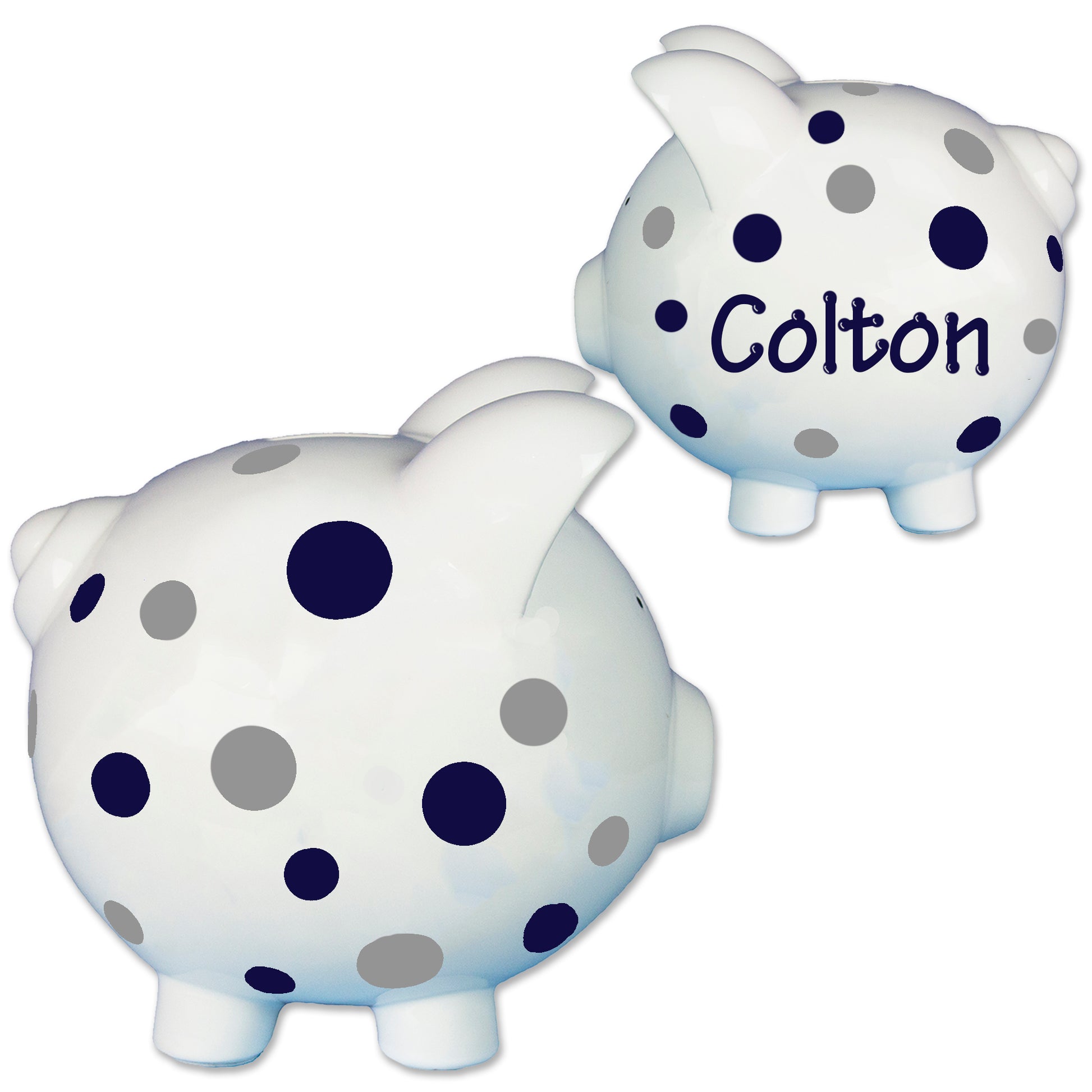 Hand Painted Navy Gray Polka Dot Piggy Bank - MyBambino.com