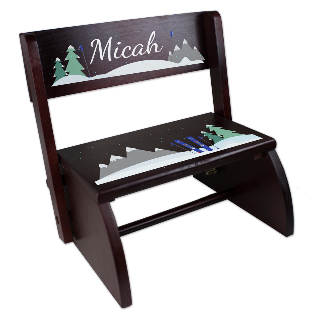 Personalized Child's Mountain Ski Espresso Flip Stool - MyBambino.com