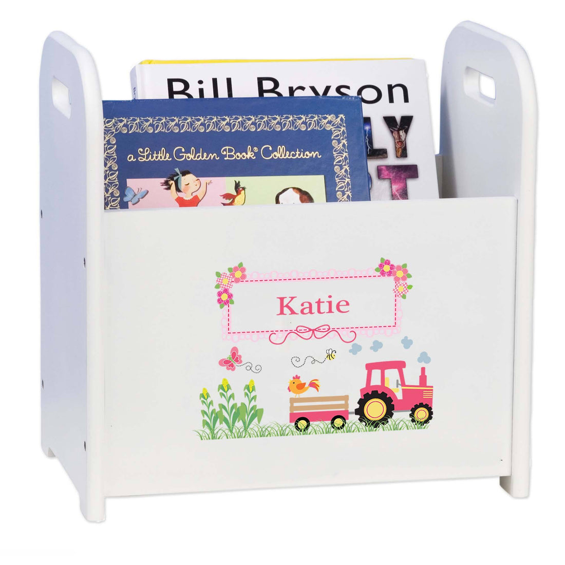 Personalized Book Caddy And storage With Pink Tractor Design - MyBambino.com