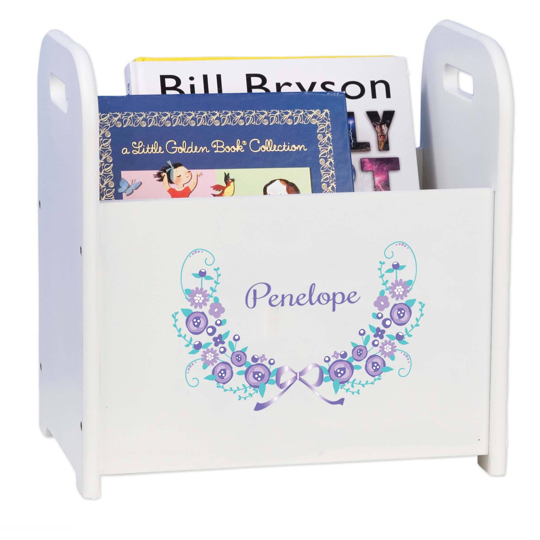 Personalized Lavender Floral Garland White Book Caddy - MyBambino.com
