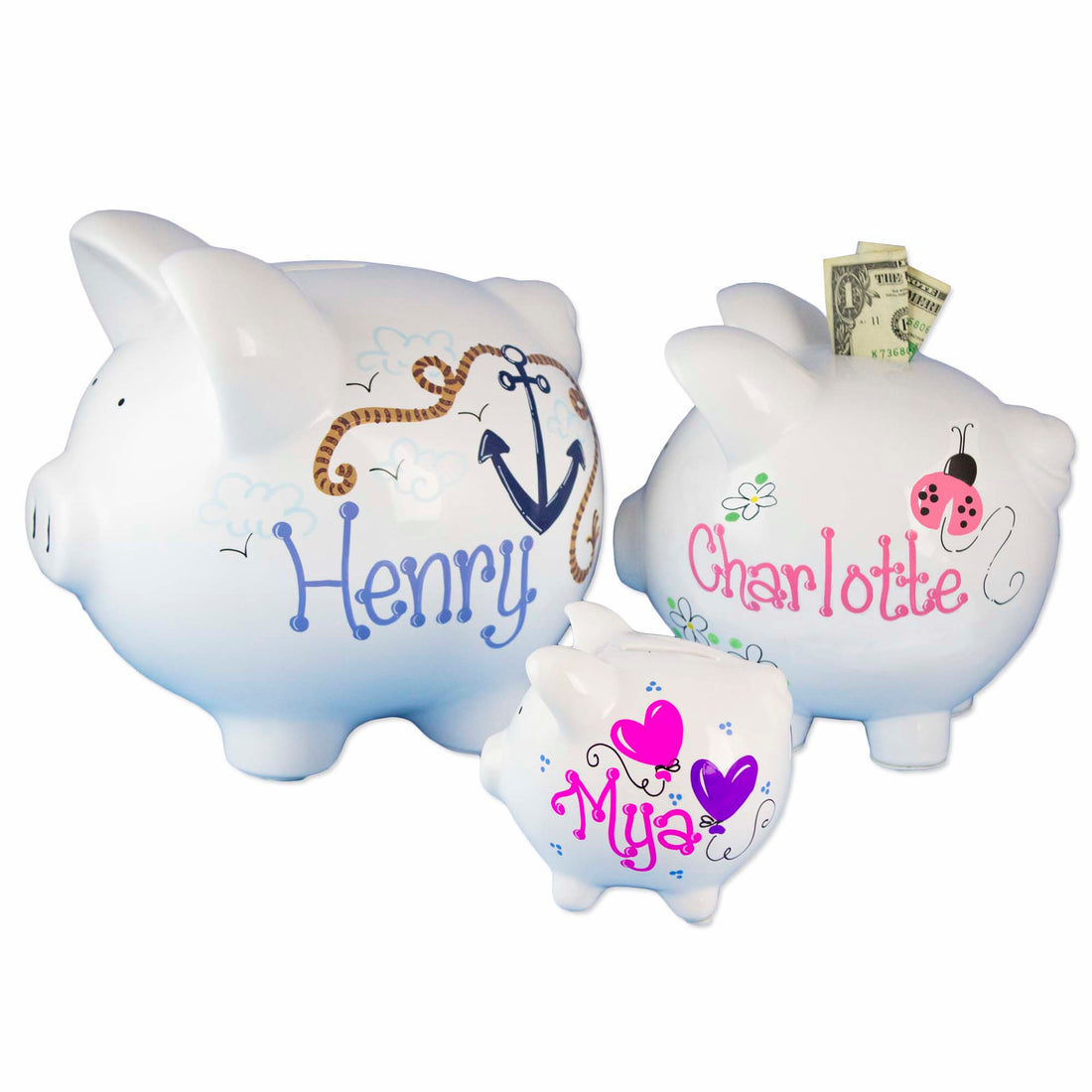 Girls pink bow flowers piggy bank personalized