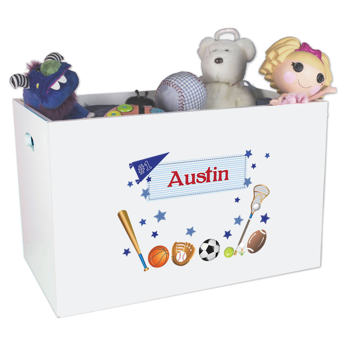Open White Toy Box Bench with Sports design