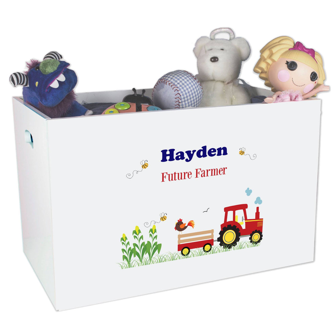 Open White Toy Box Bench with Red Tractor design