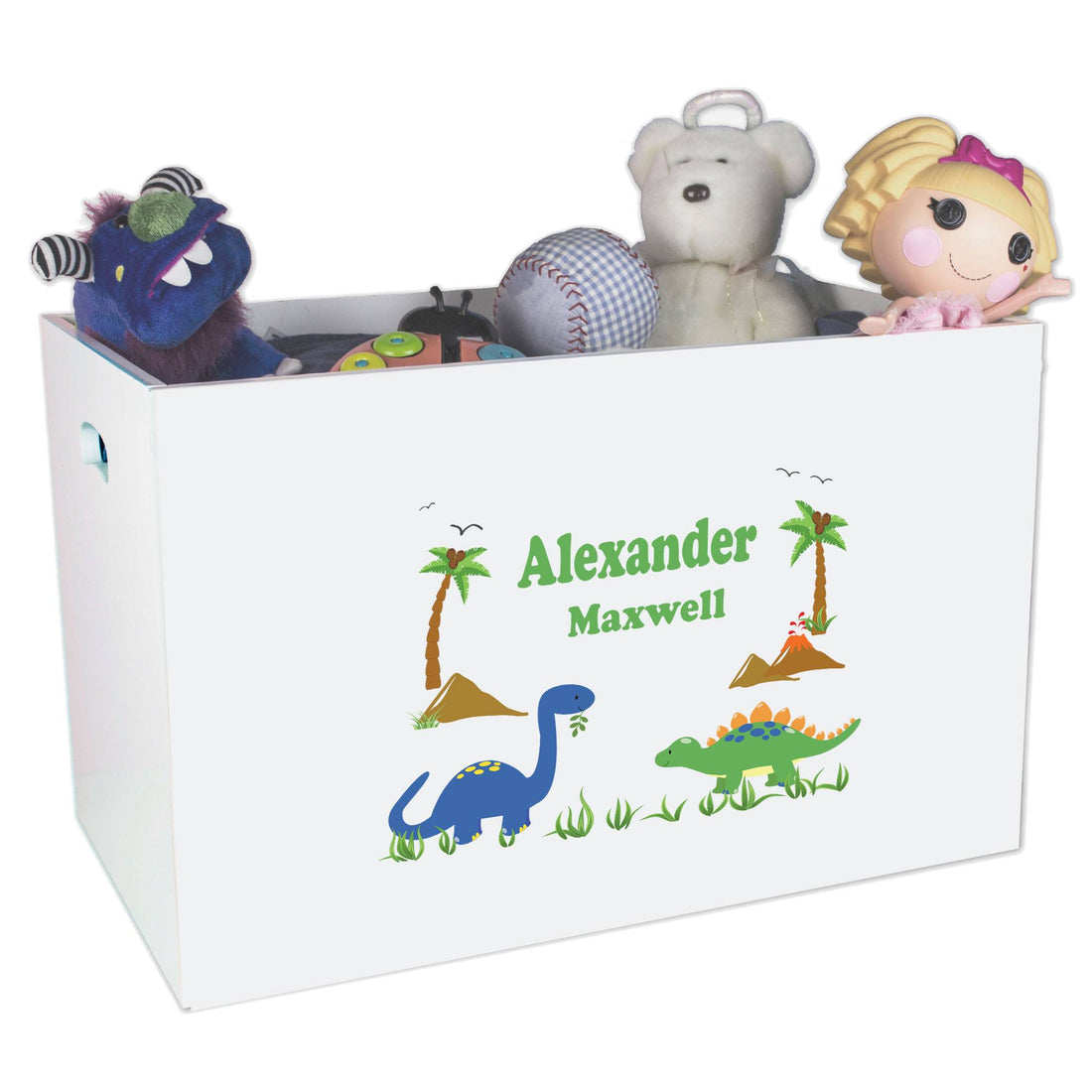 Open White Toy Box Bench with Dinosaurs design