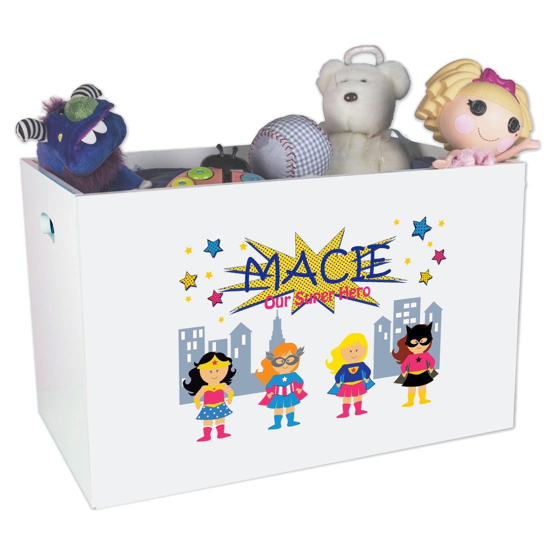 Open White Toy Box Bench with Super Girls design