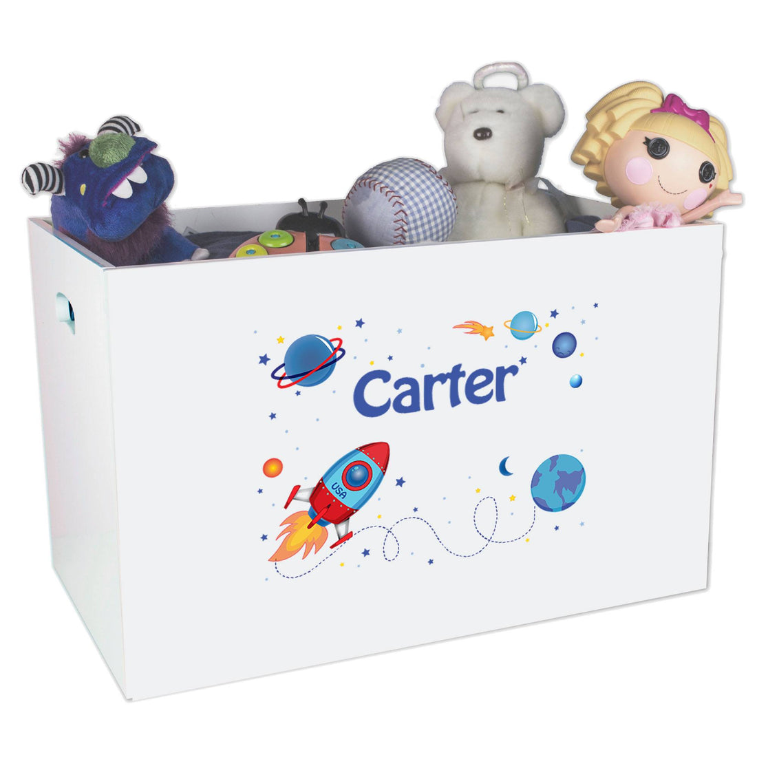 Open White Toy Box Bench with Rocket design