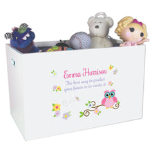 Open White Toy Box Bench with Pink Owl design