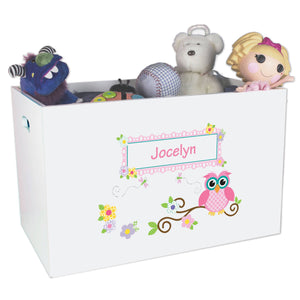 Open White Toy Box Bench with Pink Owl design