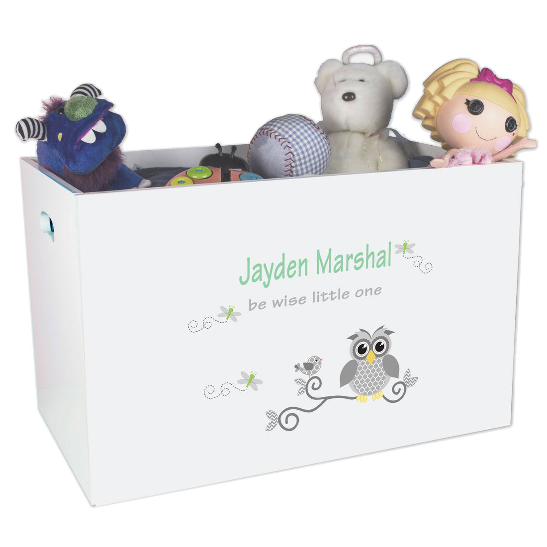Open White Toy Box Bench with Gray Owl design