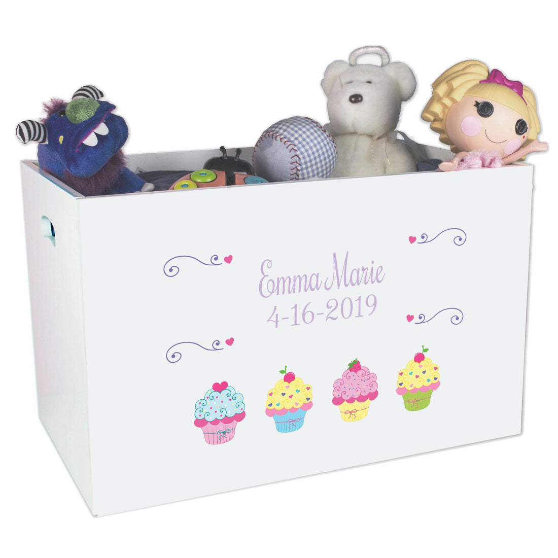 Open White Toy Box Bench with Cupcake design