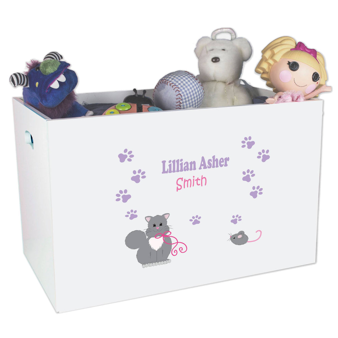 Open White Toy Box Bench with Kitty Cat design