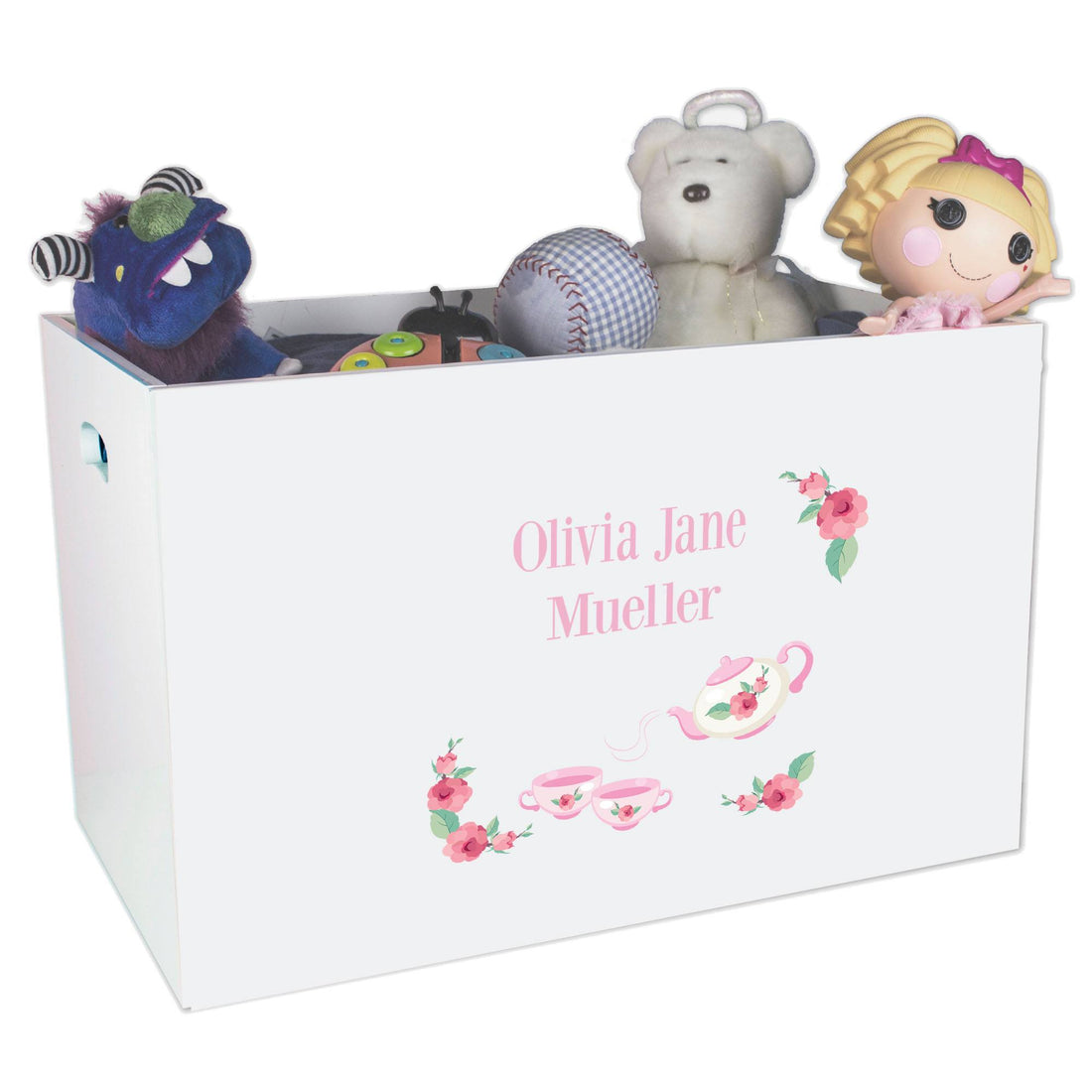 Open White Toy Box Bench with Tea Party design