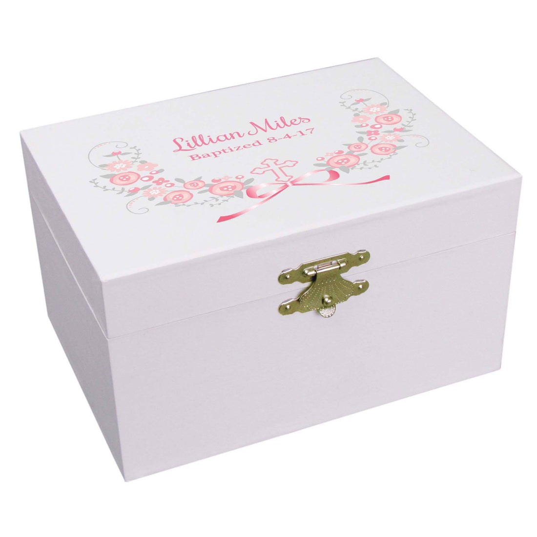 Pink Gray Cross 1st Communion Musical Jewelry Box - MyBambino.com