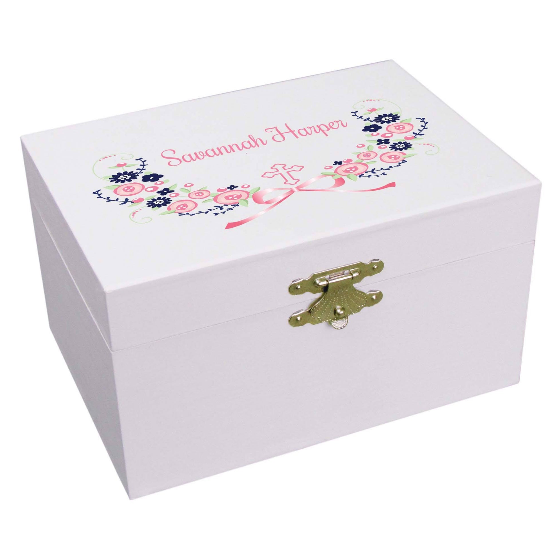 Navy Pink Floral Cross Musical Ballerina Jewelry Box - MyBambino.com